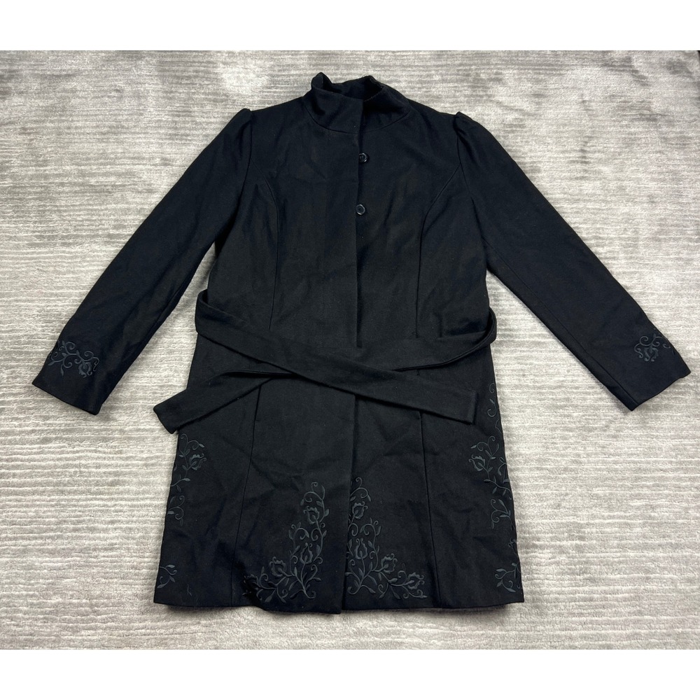 Merona Coat Womens L Black Wool Blend Belted Embroidered Mock Neck Peacoat Coat